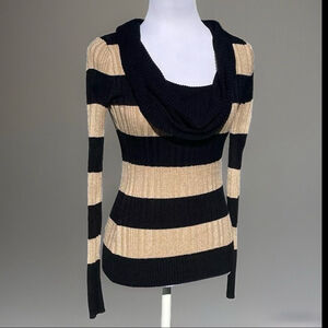 Vintage Y2K Striped Metallic Gold & Black Cowl Neck Long Sleeve Sweater XS